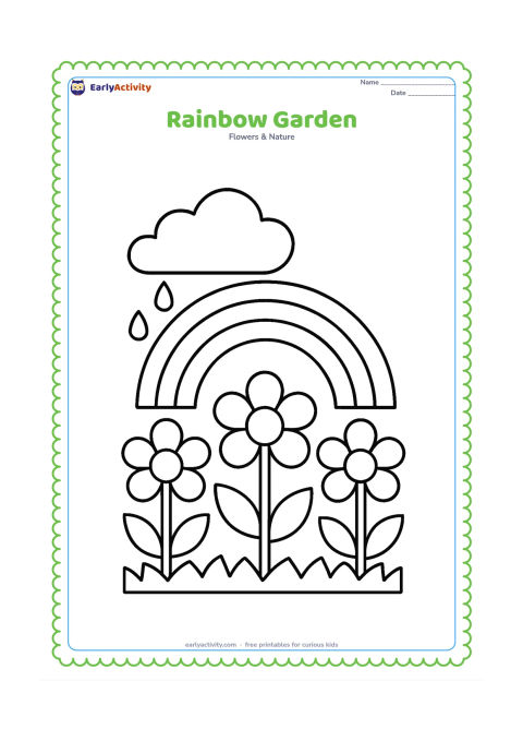 Colouring page: Draw a large rainbow above three oversized flowers, two rounded leaves and a simple strip of grass. Add one large cloud and a few broad raindrops to show a garden after rain.