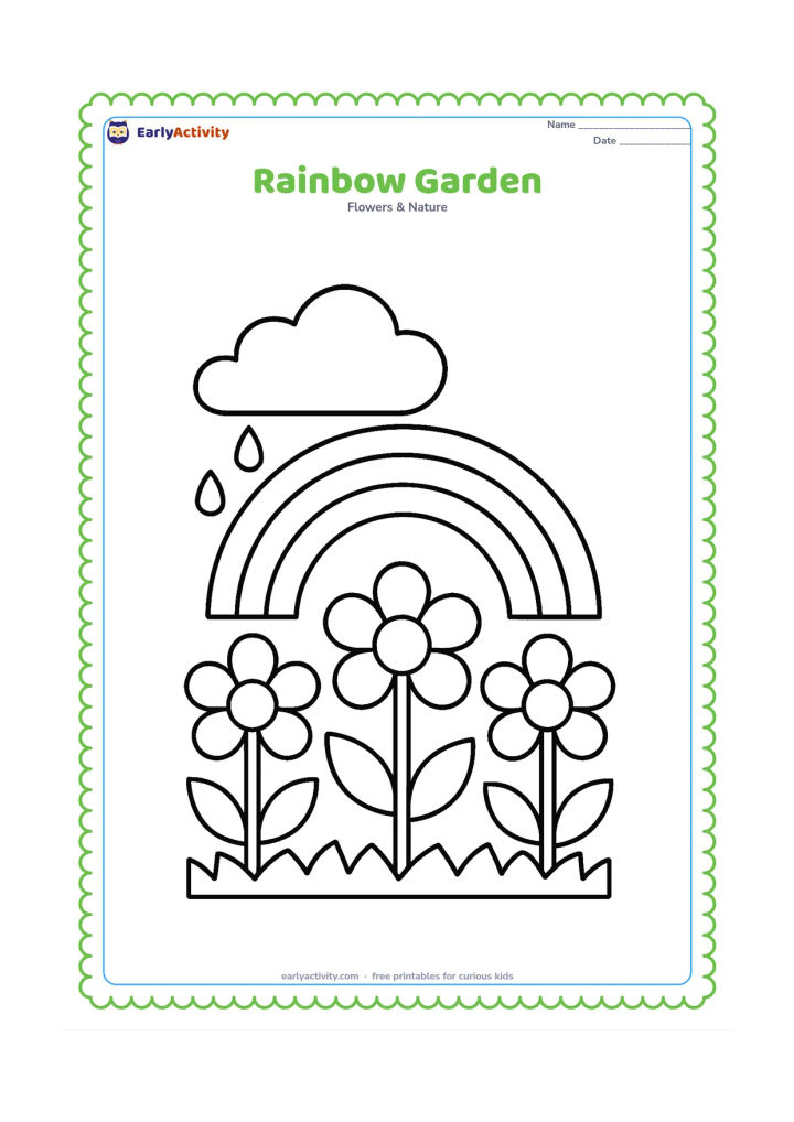 Colouring page: Draw a large rainbow above three oversized flowers, two rounded leaves and a simple strip of grass. Add one large cloud and a few broad raindrops to show a garden after rain.