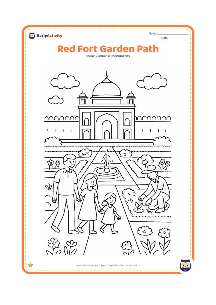 Colouring page: Place a Red Fort pavilion and wall beyond a formal garden path with low hedges, flower beds and a central fountain. A family walks along the path while a gardener tends a plant.