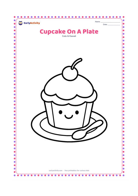 Colouring page: Draw one large cupcake with a smiling face on the wrapper, a rounded icing top, and one cherry. Set it on a plain plate with a tiny spoon beside it.