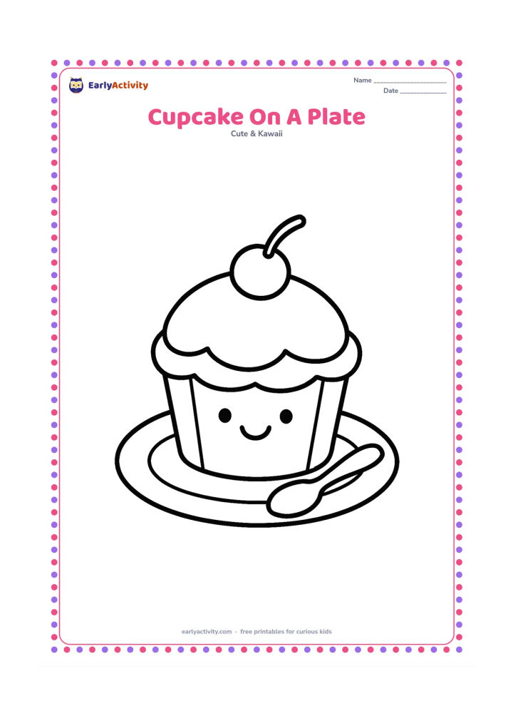 Colouring page: Draw one large cupcake with a smiling face on the wrapper, a rounded icing top, and one cherry. Set it on a plain plate with a tiny spoon beside it.