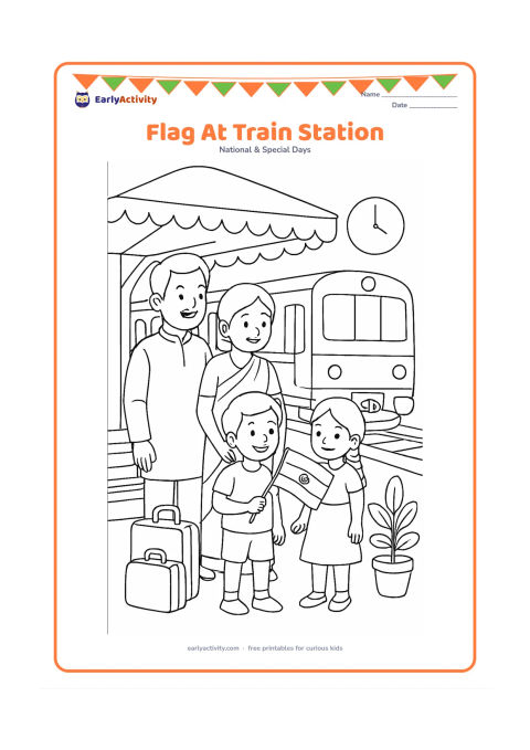 Colouring page: Draw a family at an Indian railway platform during early morning, with a child holding an Indian flag while a train waits behind them. Include a bench, luggage, a station canopy, potted…