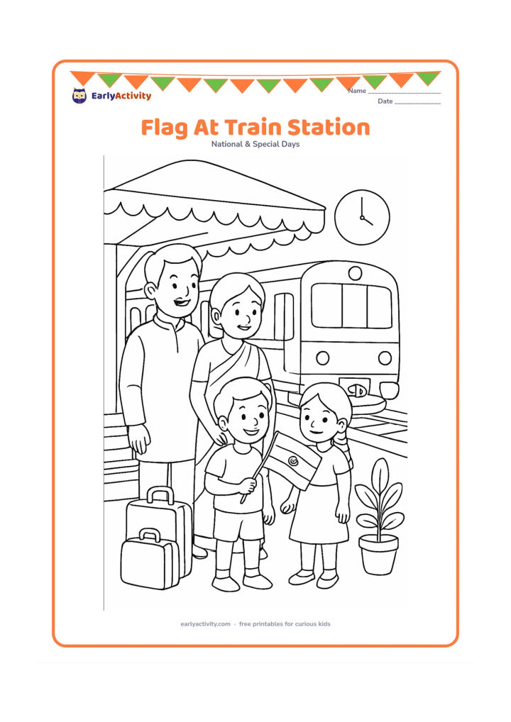 Colouring page: Draw a family at an Indian railway platform during early morning, with a child holding an Indian flag while a train waits behind them. Include a bench, luggage, a station canopy, potted…