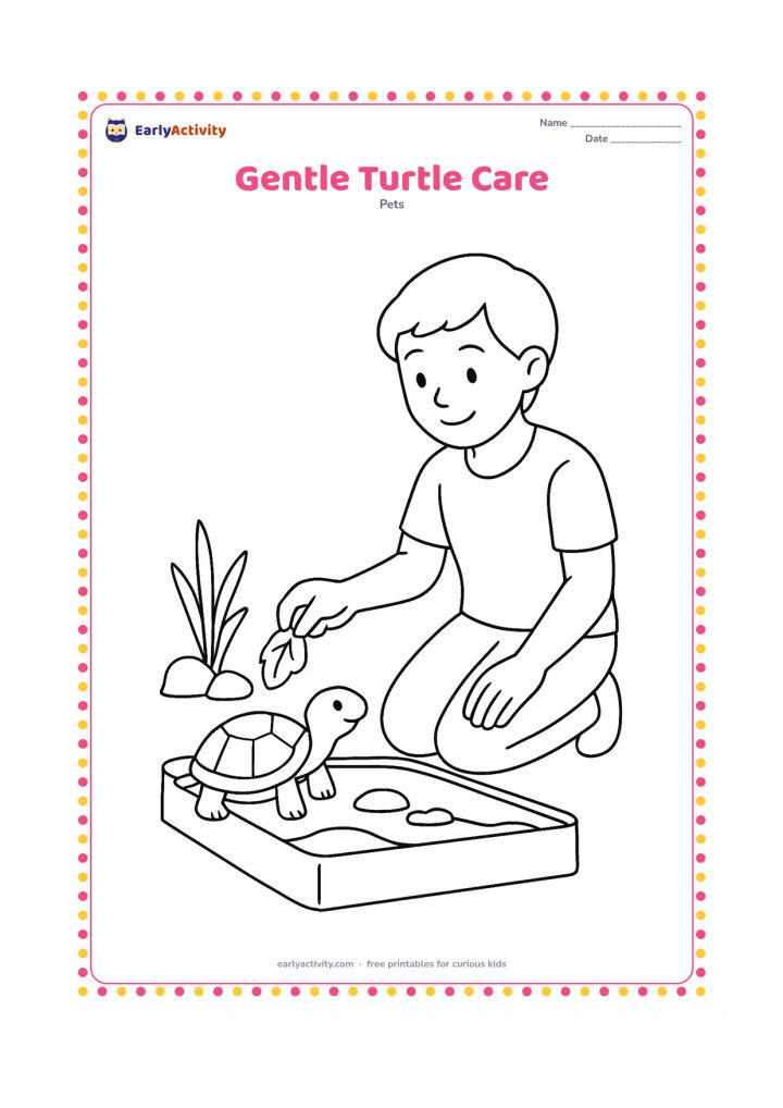 Colouring page: An adult kneels beside a low turtle habitat and gently offers a leafy treat with one hand while the turtle approaches. Show the adult's hands clearly but keep the scene calm and uncluttered.