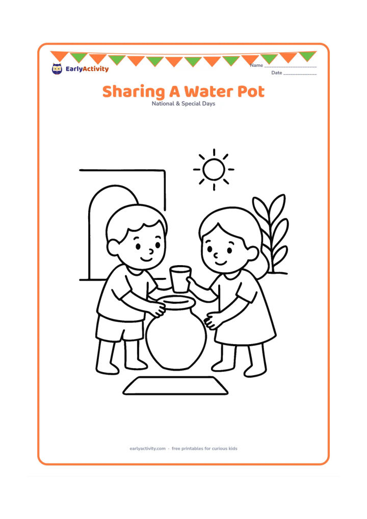 Colouring page: Show two children sharing a large clay water pot in a sunny village courtyard, with one child offering a cup to the other. Add a doorway, a mat and one leafy plant in the background.