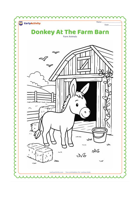 Colouring page: A donkey stands outside a detailed wooden barn with an open doorway, hay bales, a water bucket and climbing vines. Add a fenced paddock and a few birds in the distant sky.