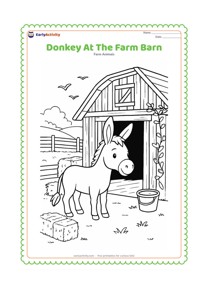 Colouring page: A donkey stands outside a detailed wooden barn with an open doorway, hay bales, a water bucket and climbing vines. Add a fenced paddock and a few birds in the distant sky.