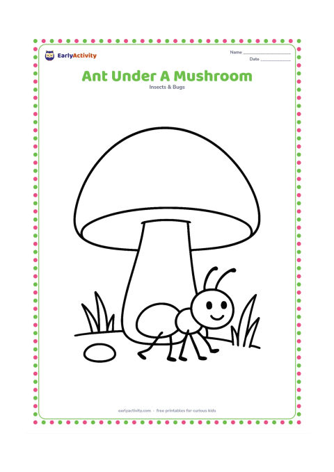 Colouring page: A small ant walks beneath a large mushroom with a rounded cap. Include a few simple blades of grass and one pebble.