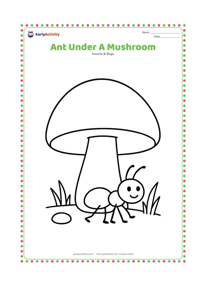 Colouring page: A small ant walks beneath a large mushroom with a rounded cap. Include a few simple blades of grass and one pebble.