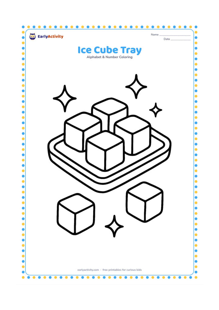 Colouring page: Draw a large tray holding several oversized ice cubes, with two loose cubes beside it and a few simple sparkle shapes around the ice.