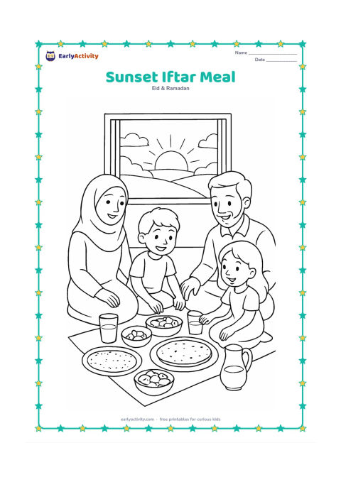 Colouring page: A family gathers around a floor cloth at sunset with dates, fruit, water glasses, flatbreads, and serving bowls, while the sky glows beyond an open window.