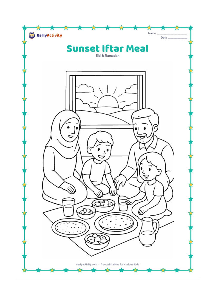 Colouring page: A family gathers around a floor cloth at sunset with dates, fruit, water glasses, flatbreads, and serving bowls, while the sky glows beyond an open window.
