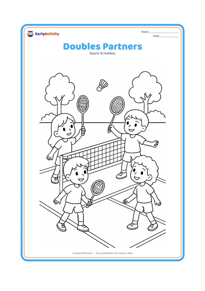 Colouring page: Draw two children on one side of a badminton net playing against two children on the other side, with rackets raised and a shuttlecock above the net. Show court lines and a few trees…