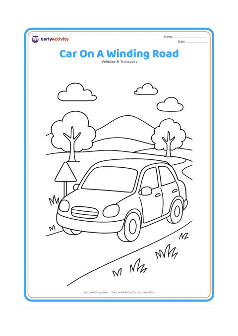 Colouring page: Draw a car travelling along a winding countryside road, viewed from a front three-quarter angle. Add roadside grass, two trees, distant hills and a simple blank triangular warning sign.