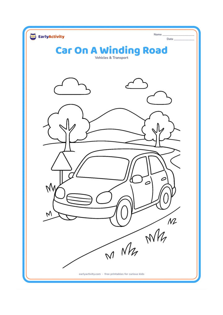 Colouring page: Draw a car travelling along a winding countryside road, viewed from a front three-quarter angle. Add roadside grass, two trees, distant hills and a simple blank triangular warning sign.