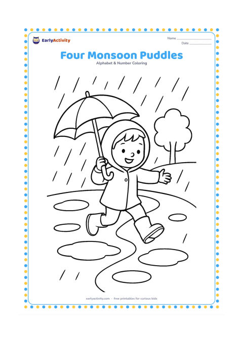 Colouring page: Draw a child in rain boots jumping beside exactly four large puddles on a village path during a monsoon shower. Add an umbrella, a simple tree and broad raindrop lines, but no extra puddles.