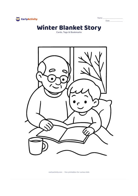Worksheet: Draw a grandfather and child sitting under a shared blanket while looking at an open picture book near a window. Add a mug, a cushion and simple winter branches outside, with blank book…
