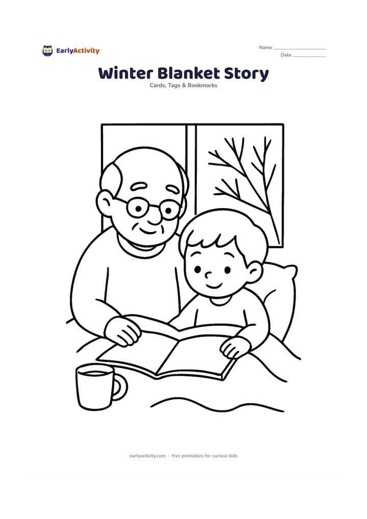 Worksheet: Draw a grandfather and child sitting under a shared blanket while looking at an open picture book near a window. Add a mug, a cushion and simple winter branches outside, with blank book…