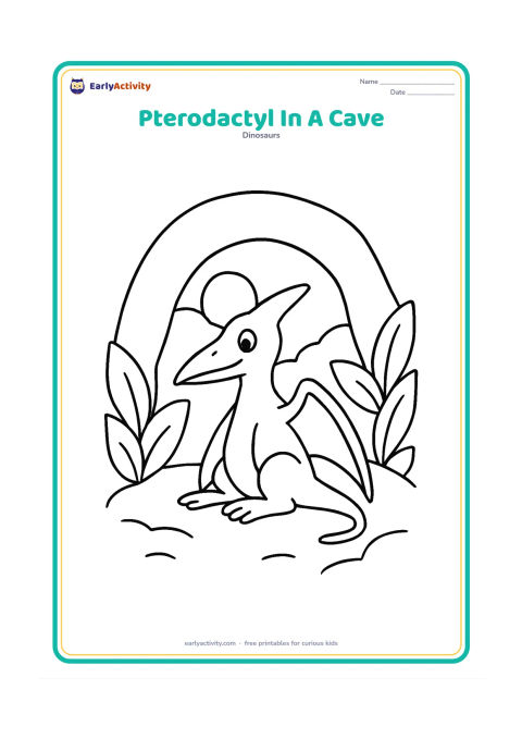 Colouring page: Draw a pterodactyl resting inside a wide leafy cave entrance, with large leaves framing both sides and a bright patch of sky visible outside.