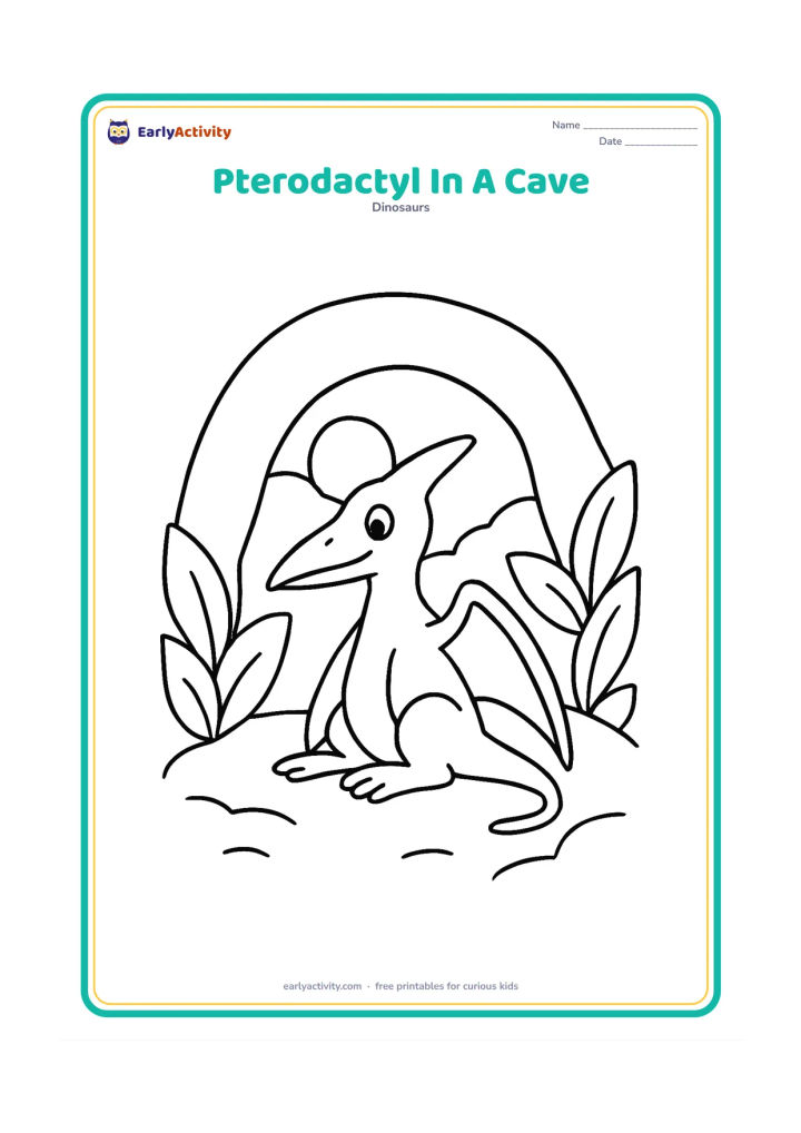 Colouring page: Draw a pterodactyl resting inside a wide leafy cave entrance, with large leaves framing both sides and a bright patch of sky visible outside.