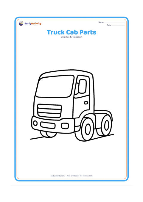 Colouring page: Show a large friendly truck cab in three-quarter view with its windshield, side mirror, door, step, front grille and two wheels clearly visible. Place it on a plain ground line with no…