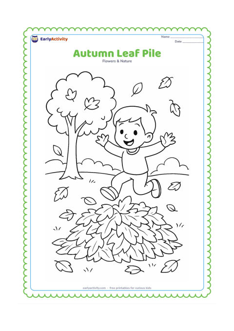 Colouring page: A child jumps into a large pile of fallen leaves beneath a tree, with leaves in several natural shapes scattered around the simple park scene.
