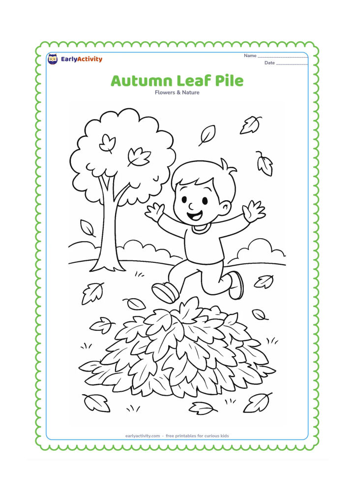 Colouring page: A child jumps into a large pile of fallen leaves beneath a tree, with leaves in several natural shapes scattered around the simple park scene.
