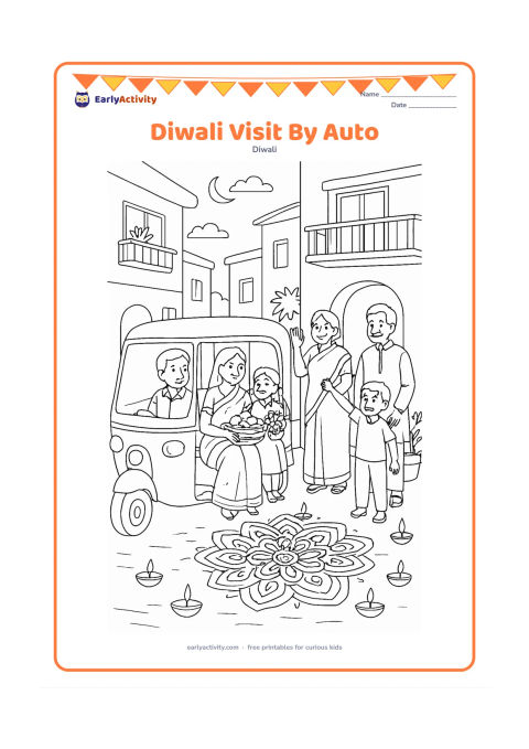 Colouring page: A family arrives at relatives' home in a parked auto-rickshaw carrying a basket of sweets and flowers, while relatives greet them beside a detailed rangoli and a row of diyas. Show an…
