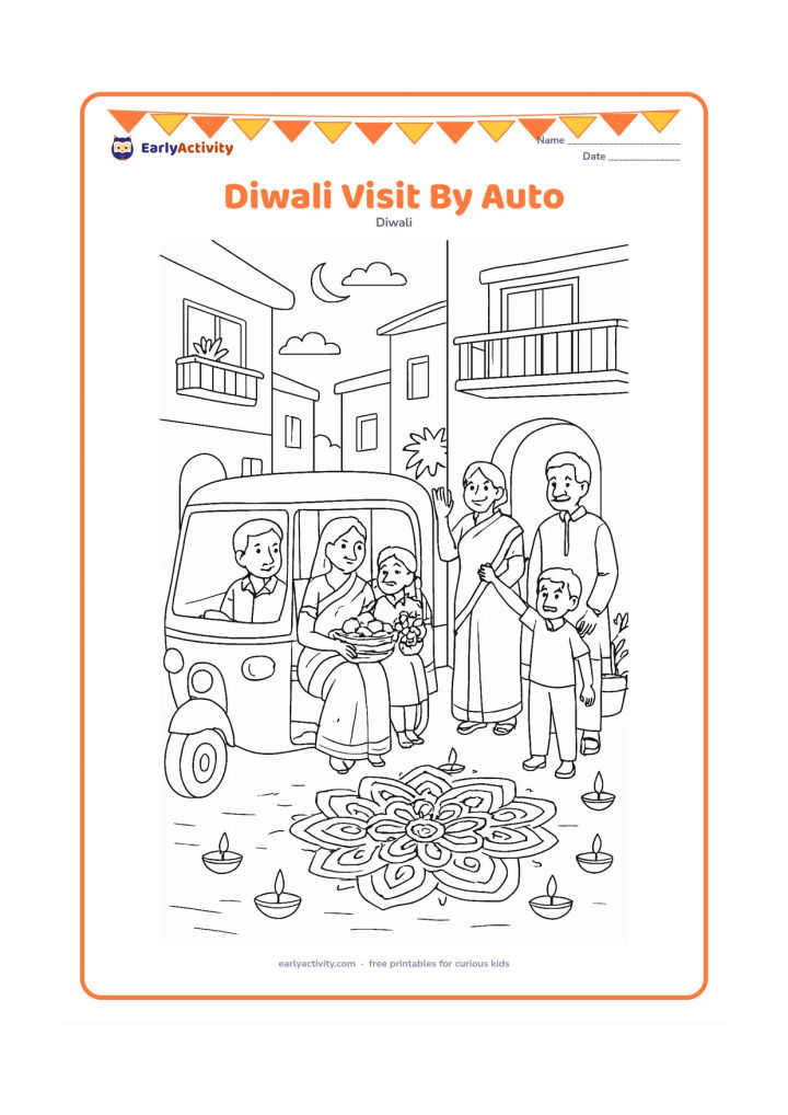 Colouring page: A family arrives at relatives' home in a parked auto-rickshaw carrying a basket of sweets and flowers, while relatives greet them beside a detailed rangoli and a row of diyas. Show an…