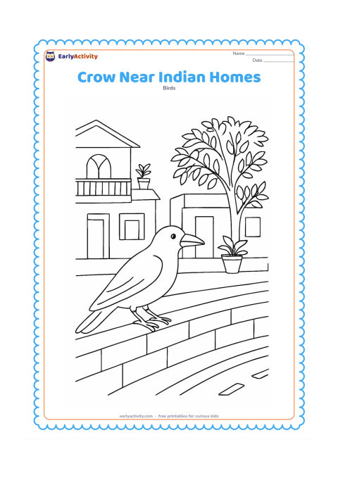 Colouring page: A crow perches on a low wall between simple Indian homes, with balconies, potted plants, a neem tree, and a road in the foreground.