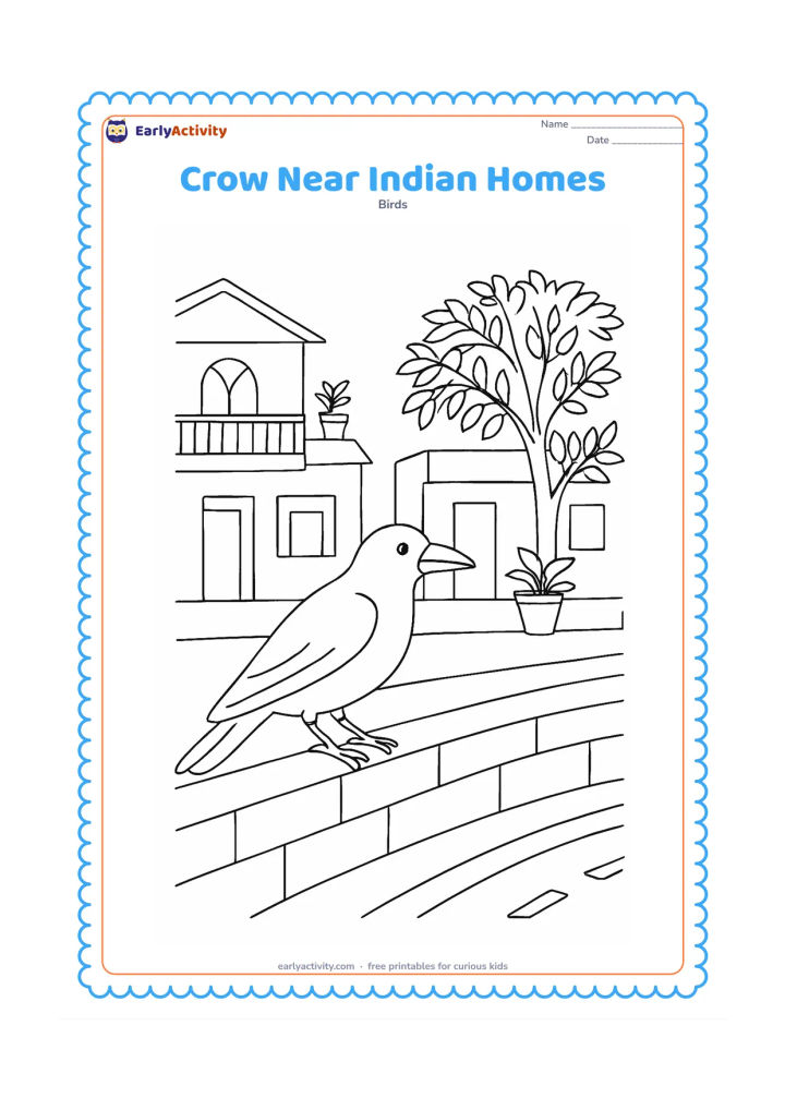 Colouring page: A crow perches on a low wall between simple Indian homes, with balconies, potted plants, a neem tree, and a road in the foreground.