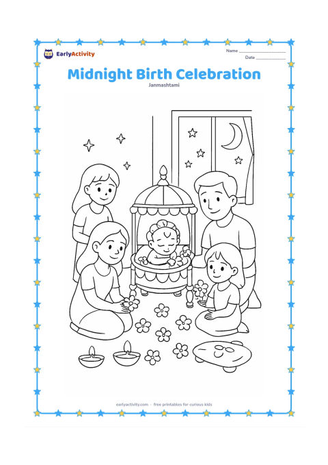 Colouring page: Draw a peaceful home celebration at night with a Krishna cradle in the centre, family members placing flowers around it, oil lamps, stars and a window showing the moon. Keep the mood…