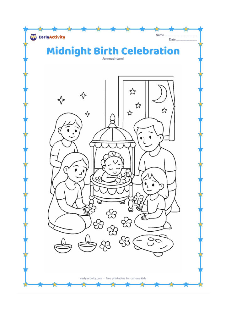 Colouring page: Draw a peaceful home celebration at night with a Krishna cradle in the centre, family members placing flowers around it, oil lamps, stars and a window showing the moon. Keep the mood…