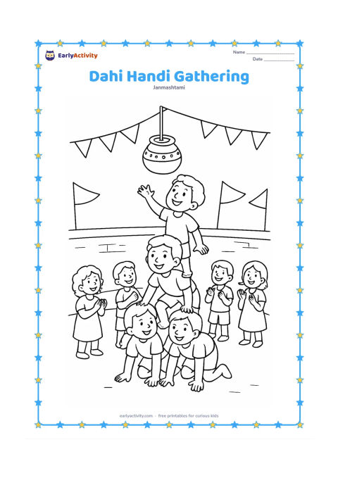 Colouring page: Draw a friendly group of children forming a low human pyramid beneath a hanging butter pot during a dahi handi celebration. Show onlookers clapping, a few flags without markings, and an…