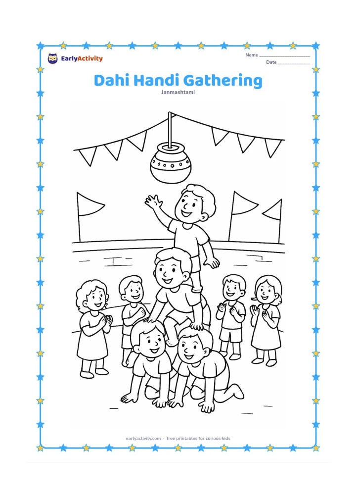 Colouring page: Draw a friendly group of children forming a low human pyramid beneath a hanging butter pot during a dahi handi celebration. Show onlookers clapping, a few flags without markings, and an…