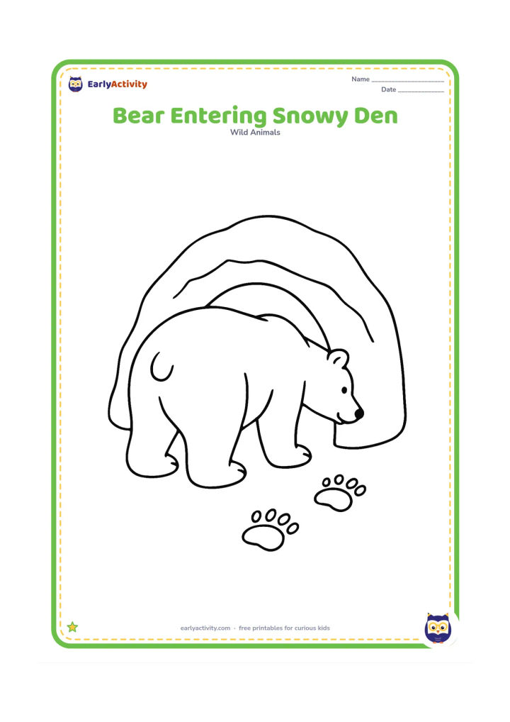 Colouring page: A polar bear bends to enter a rounded snowy den, with its back and hind legs outside, a small snowbank above the entrance and two pawprints leading toward it.