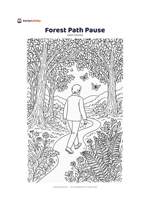 Colouring page: A person walking slowly along a winding woodland path beneath arching trees, pausing beside ferns and wildflowers. Include layered trunks, leaf clusters, distant hills and a few…