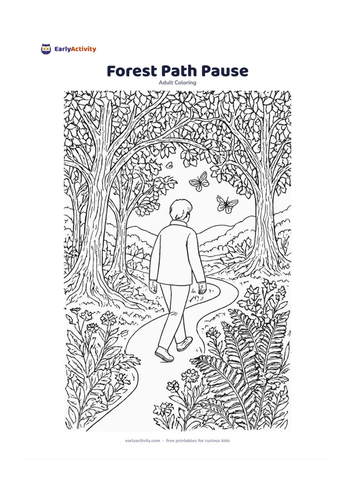 Colouring page: A person walking slowly along a winding woodland path beneath arching trees, pausing beside ferns and wildflowers. Include layered trunks, leaf clusters, distant hills and a few…