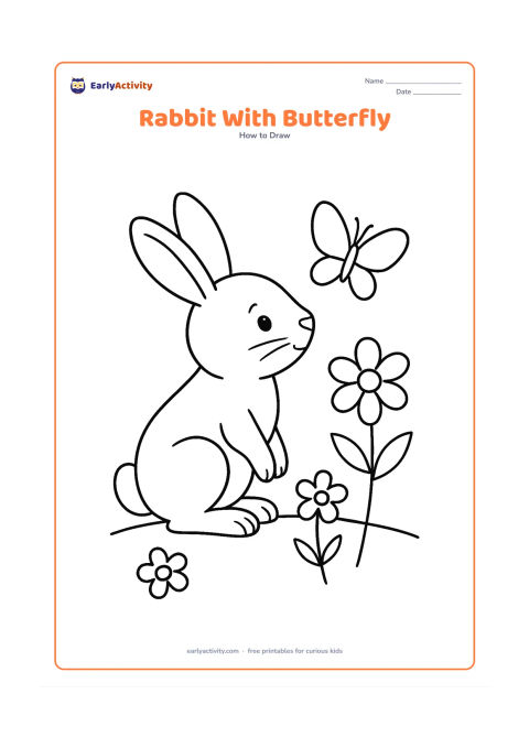 Worksheet: Show a sitting rabbit leaning toward a butterfly above a flower, with its nose, eyes, whiskers, long ears and front paws clearly visible. Add two more simple flowers and a curved ground…