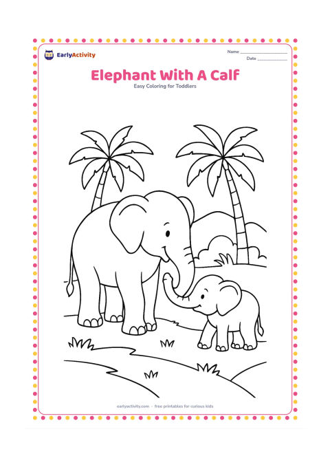Colouring page: Draw a large elephant walking beside a smaller calf, with both lifting their trunks toward each other. Set them on a grassy path with two palm trees and distant hills.