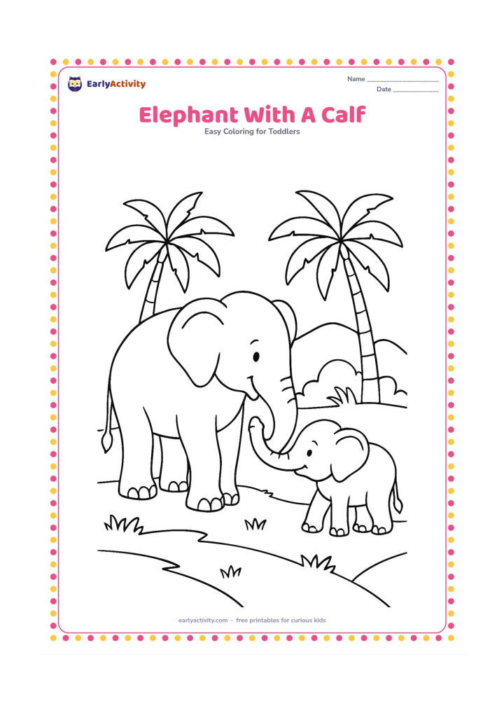 Colouring page: Draw a large elephant walking beside a smaller calf, with both lifting their trunks toward each other. Set them on a grassy path with two palm trees and distant hills.
