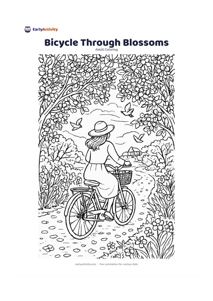 Colouring page: A person riding a bicycle slowly along a tree-lined lane in spring, with flowering branches arching overhead, a woven basket, fallen petals and a distant village house. Include a few…