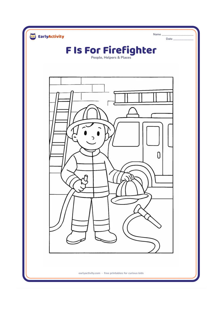 Colouring page: Draw a smiling firefighter standing beside a fire engine, holding a helmet and hose, with a simple station wall and ladder in the background. Keep the composition centered and leave the…