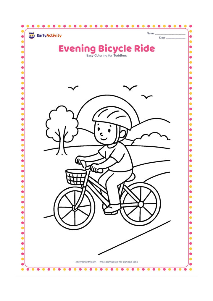 Colouring page: Draw a child riding a bicycle along a village path at sunset, with two large wheels, a basket and a simple helmet. Add a low tree, distant hills, three birds and a large setting sun.