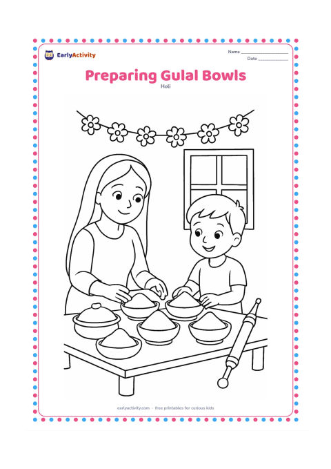 Colouring page: A parent and child arrange several bowls of gulal on a low table before the celebration. Add a window, flower garland, covered snacks and a pichkari leaning against the table.