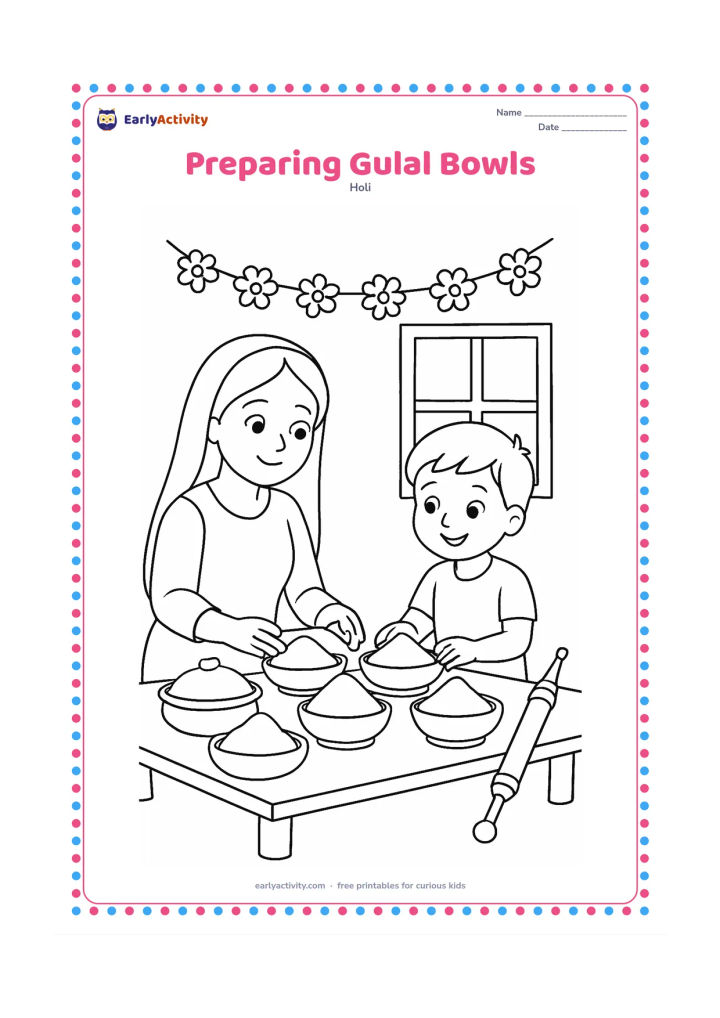 Colouring page: A parent and child arrange several bowls of gulal on a low table before the celebration. Add a window, flower garland, covered snacks and a pichkari leaning against the table.