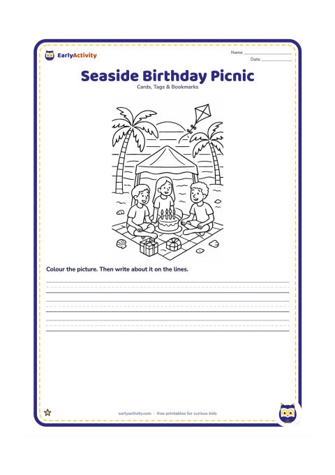 Worksheet: Draw a group of three friends having a birthday picnic on a beach at sunset, with a cake protected under a small canopy, gifts, seashells, palm trees, and a kite in the sky. Leave the…