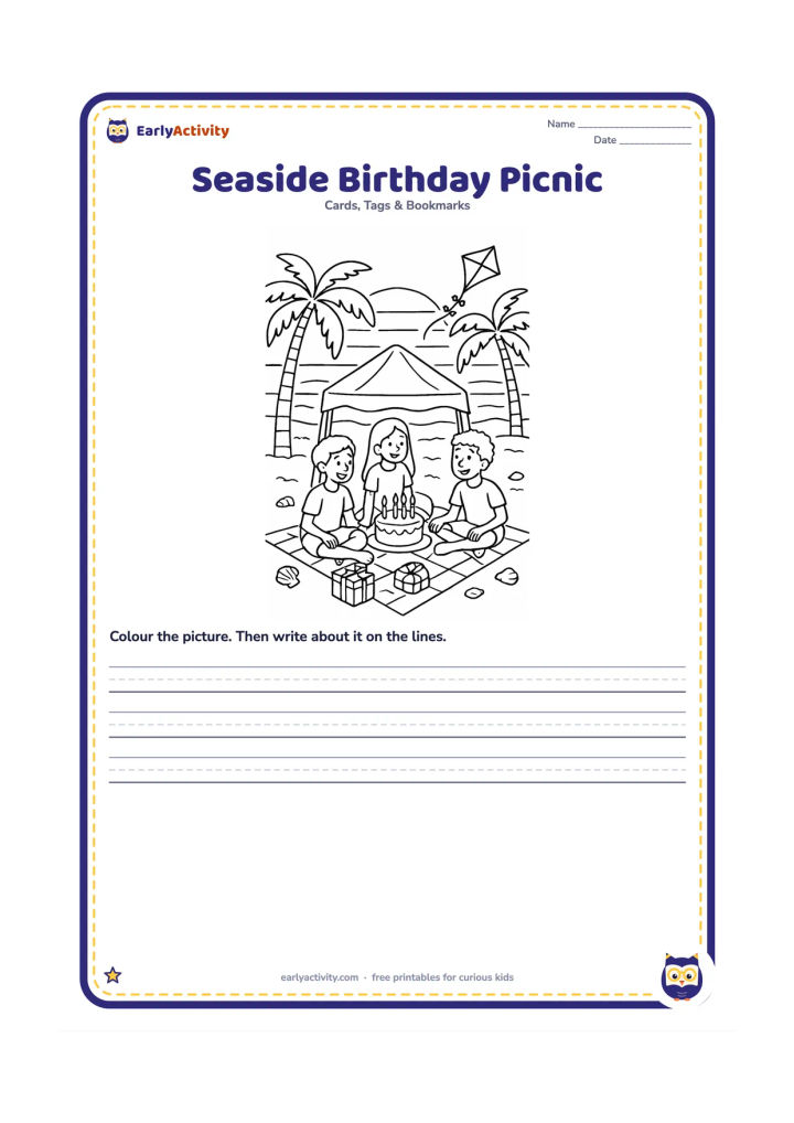 Worksheet: Draw a group of three friends having a birthday picnic on a beach at sunset, with a cake protected under a small canopy, gifts, seashells, palm trees, and a kite in the sky. Leave the…