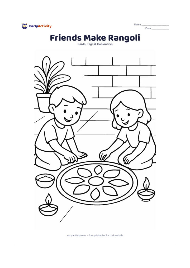Worksheet: Draw two children kneeling on either side of a round rangoli, each adding a coloured-powder shape with one hand. Show a small bowl of powder and two diyas on a home courtyard floor.