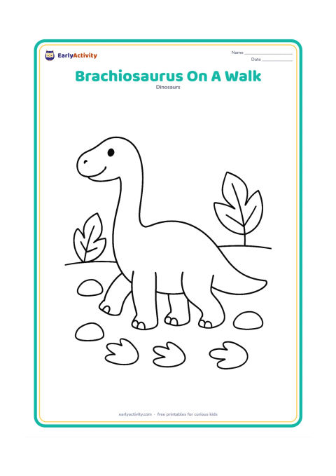 Colouring page: A friendly brachiosaurus walks from left to right with one front leg raised, its long tail extending behind it. Place a few oversized leaves, round rocks and simple footprints along the…